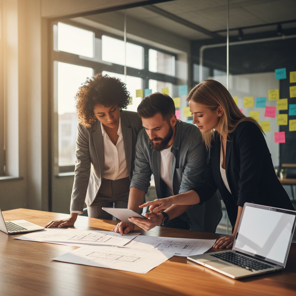 Three IT professionals lean over a table, pointing at a tablet and printouts during a tech management planning session