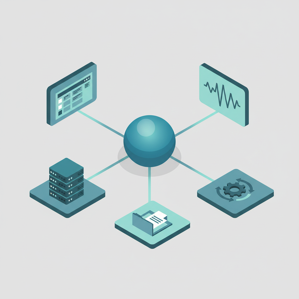 Isometric hub connected to icons for ticketing, monitoring, servers, automation and inventory in a tech tools overview