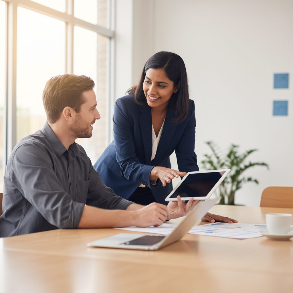 IT consultant explains pricing to a small business owner across a modern office table
