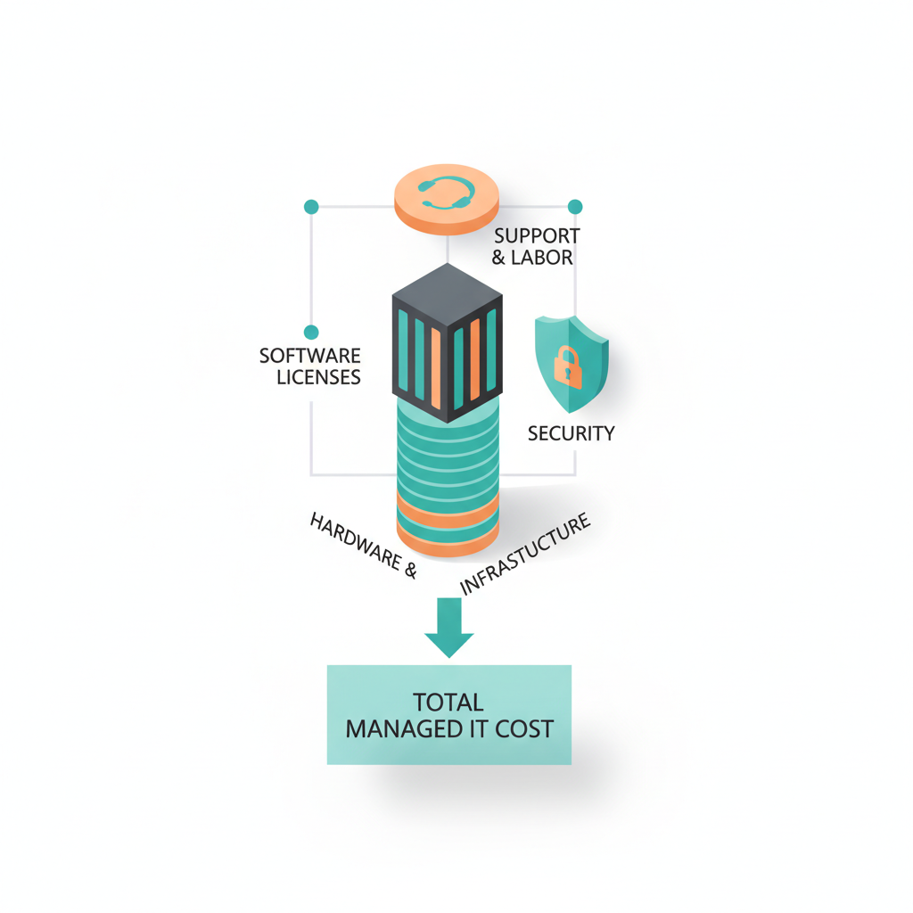 Isometric diagram showing stacked coins, server and shield icons illustrating managed IT cost components