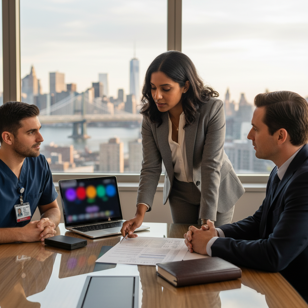 MSP consultant reviews security checklist with healthcare and finance leaders in conference room overlooking Manhattan skylin
