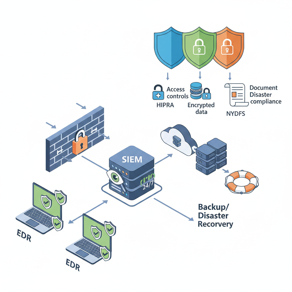 Isometric network diagram showing endpoints, SIEM monitoring, backups and compliance shields for HIPAA/FINRA/NYDFS