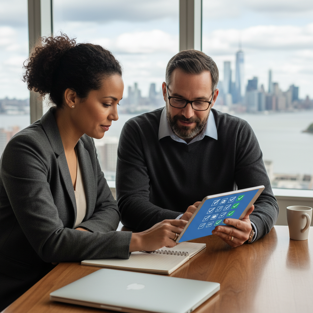Small business owner and MSP engineer reviewing an icon-based SLA checklist on a tablet with Manhattan skyline visible behind
