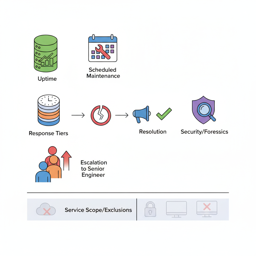 Isometric infographic showing SLA workflow icons: uptime gauge, response clocks, escalation steps, and security magnifier