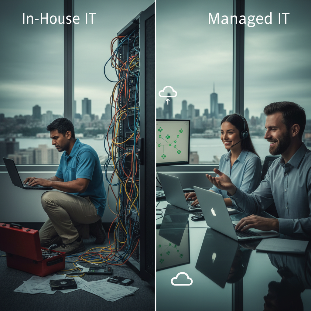 Split office: stressed in-house IT tech fixing on-prem servers left, calm MSP techs monitoring systems right, NYC/Jersey skyl