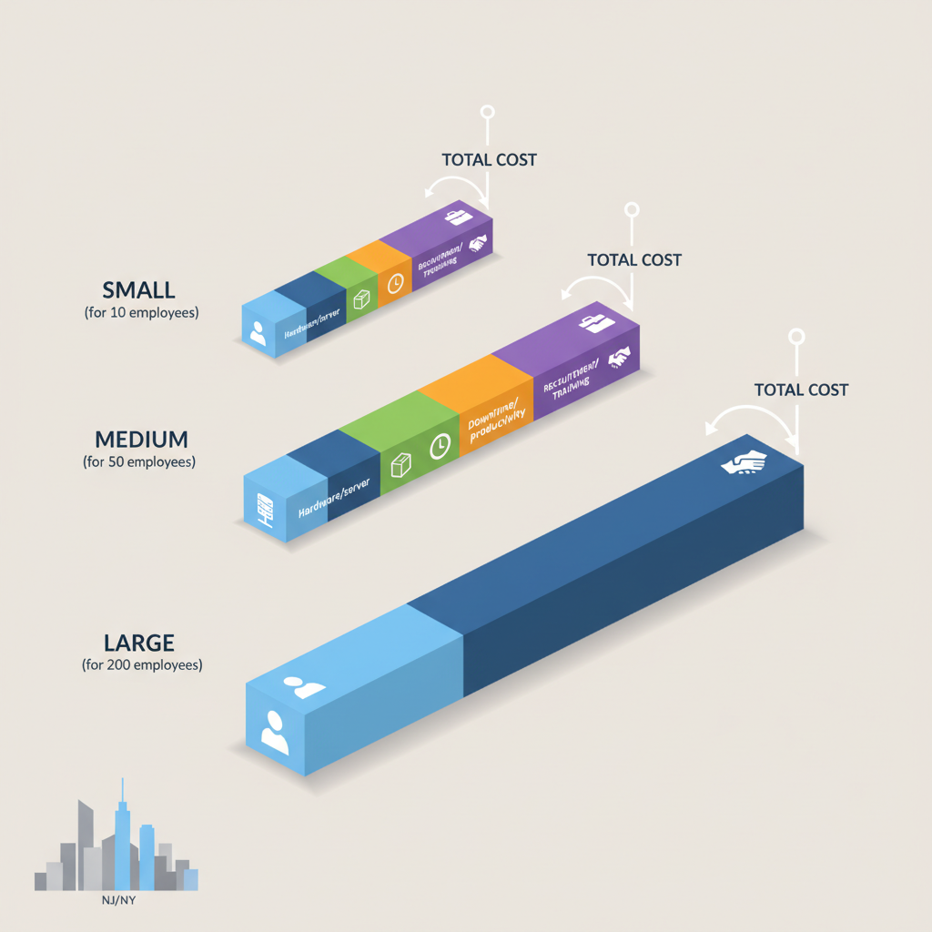 Isometric cost diagram: three stacked TCO bars for 10/50/200 employees with colored segments for salaries, hardware, downtime