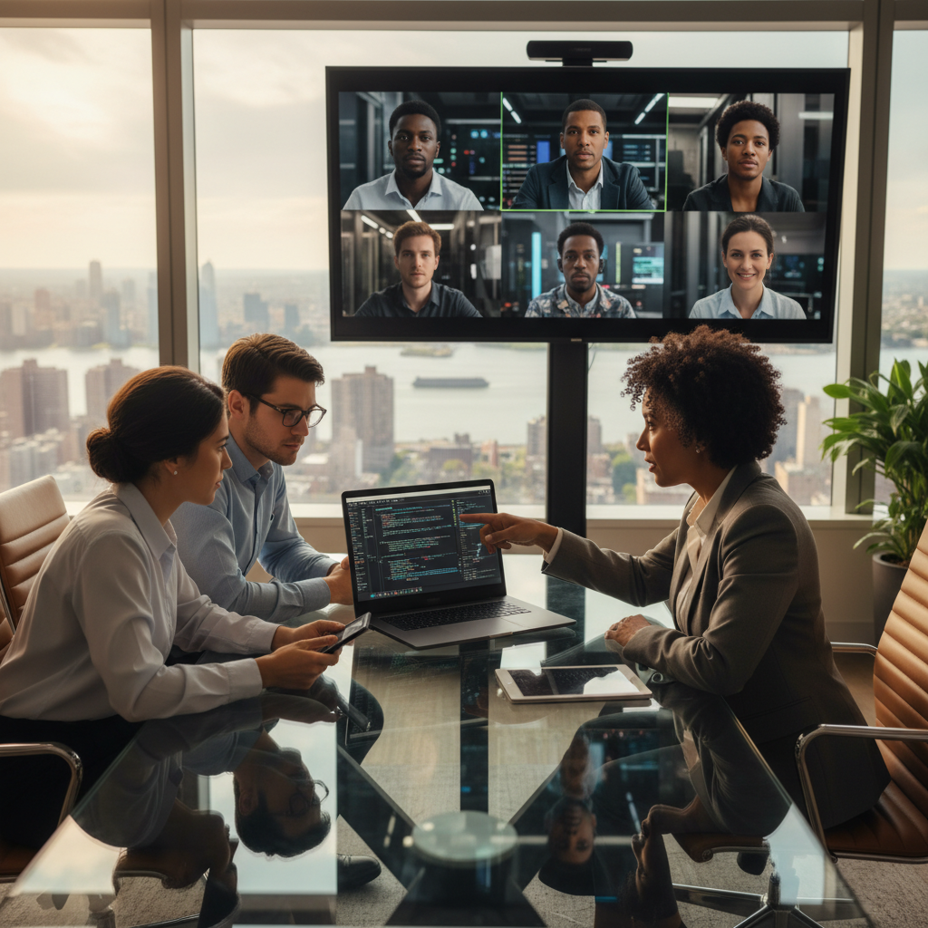In-house IT team at a conference table on video call with remote MSP engineers, Manhattan skyline visible outside.