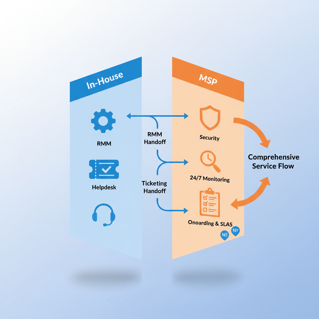Isometric diagram showing in-house team and MSP splitting responsibilities with icons for helpdesk, security, RMM, SIEM.