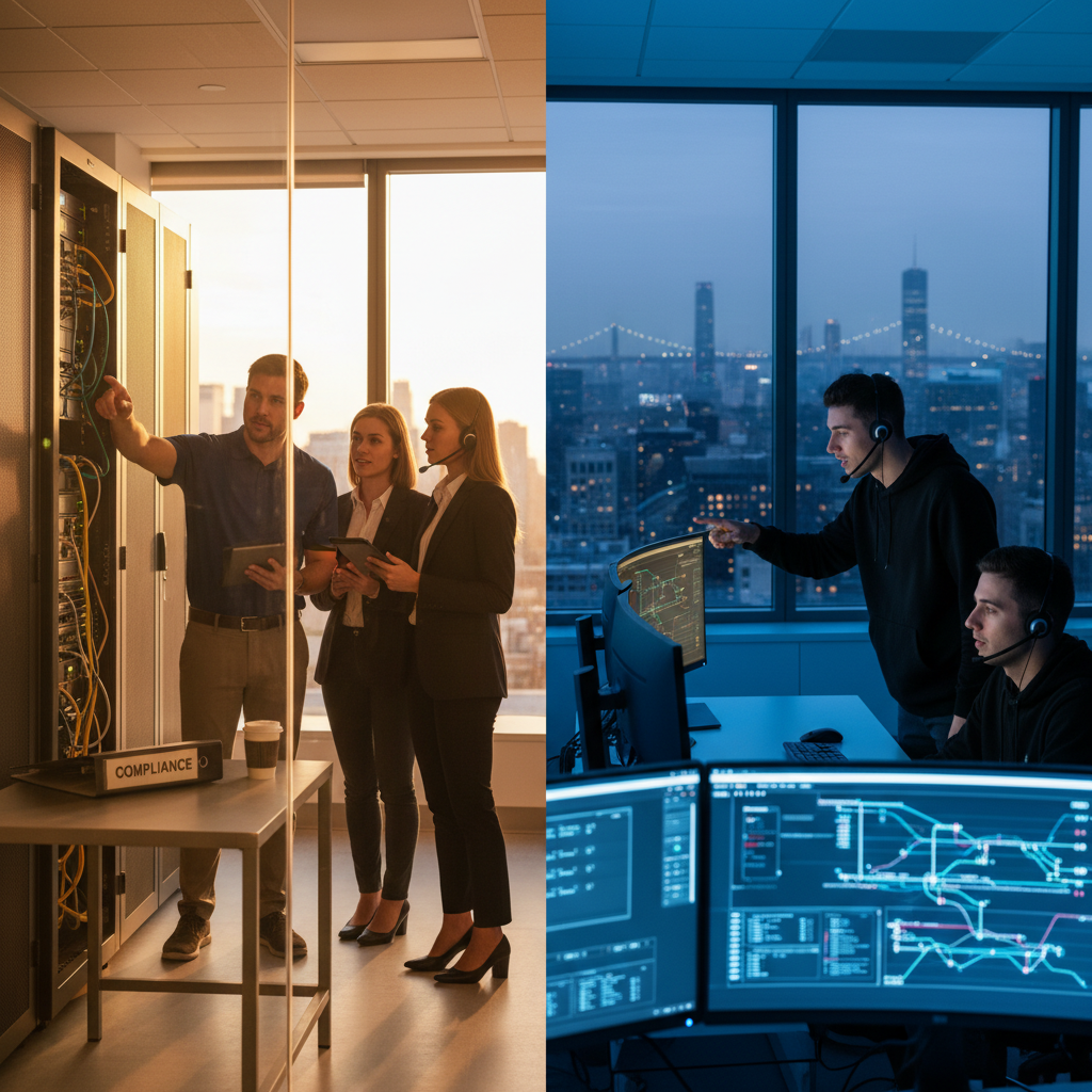 Two IT teams contrasted: in-house engineer at server rack and remote SOC analysts in a security center, side-by-side