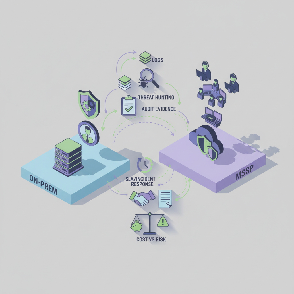 Isometric infographic of two parallel IT stacks with icons for servers, SOC, SIEM, incident response, audit, and cost
