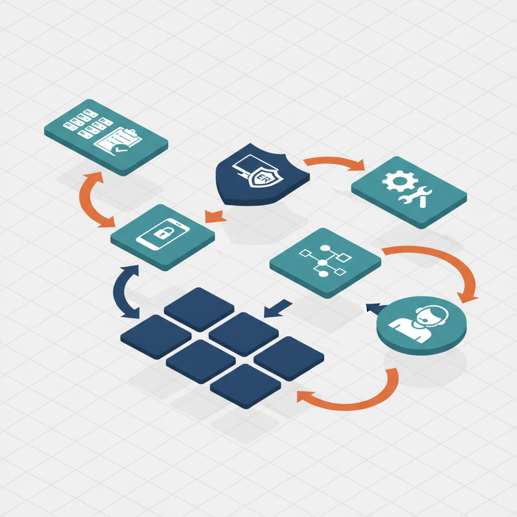 Isometric diagram showing a sequential ransomware-prevention roadmap through icons for inventory, EDR, MFA, patching, segment