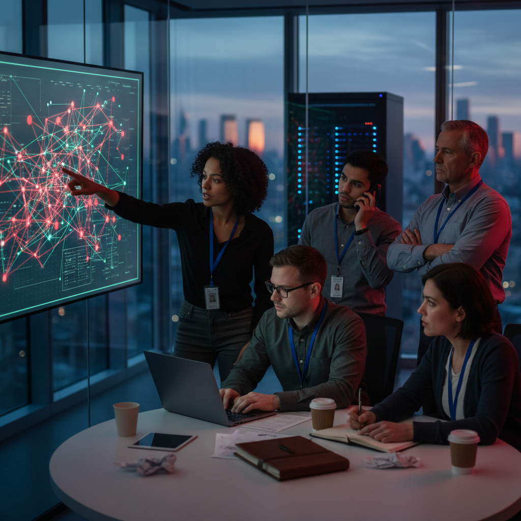 Incident response team collaborating in a glass war room, pointing at a glowing threat map with skyline visible outside