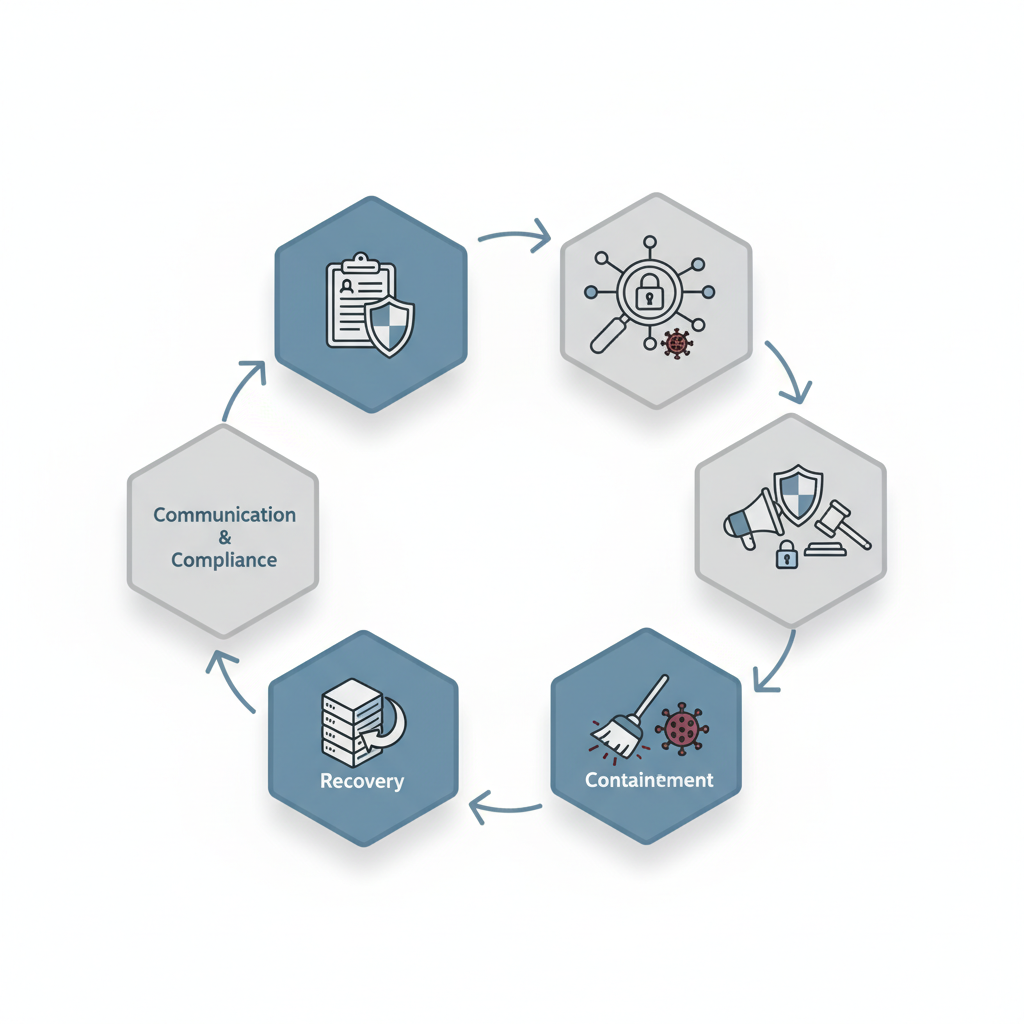 Isometric six-step ransomware response workflow diagram using icon tiles and arrows, clean vector style, no text