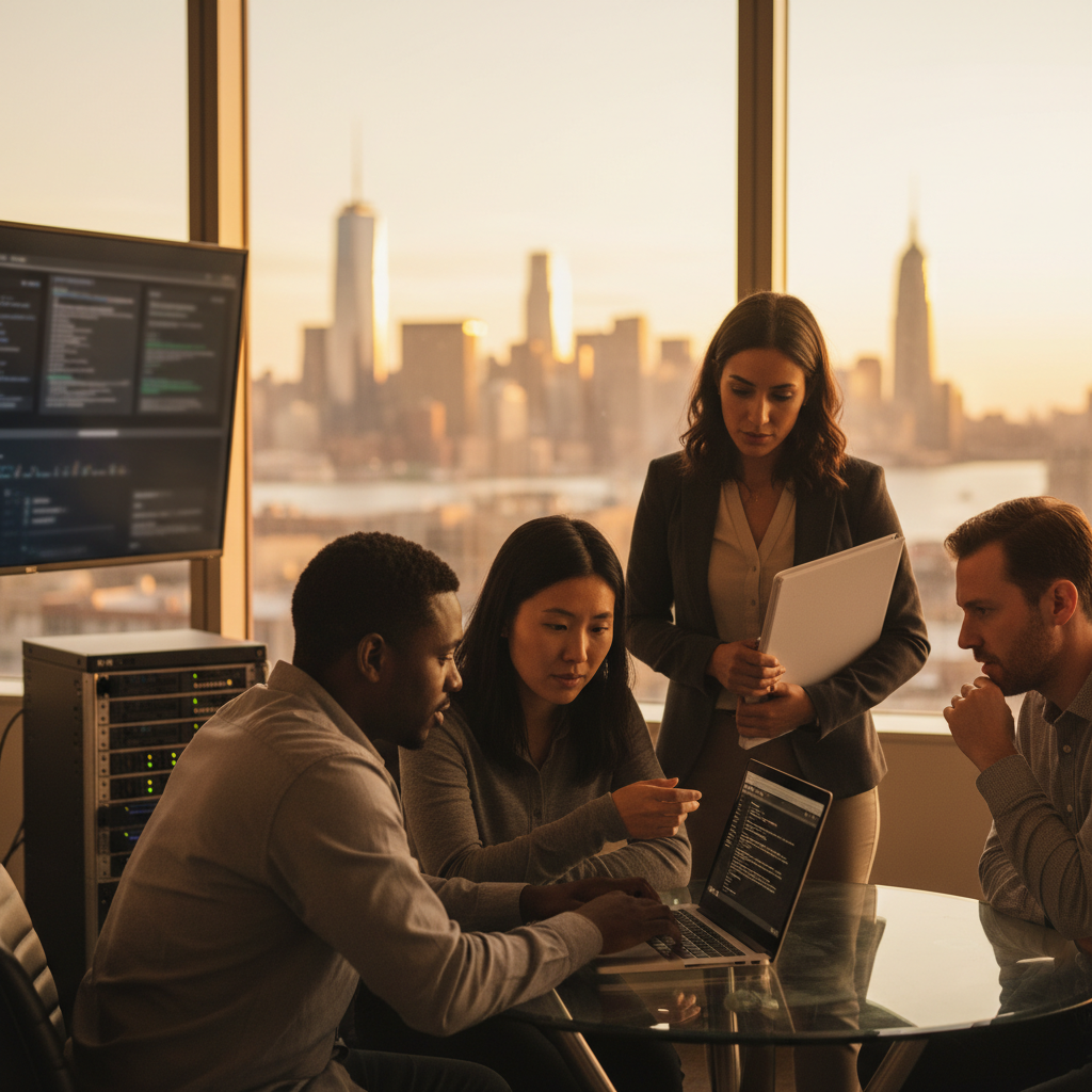 IT team discussing ransomware preparedness around laptops in a modern office with NYC and NJ skylines visible