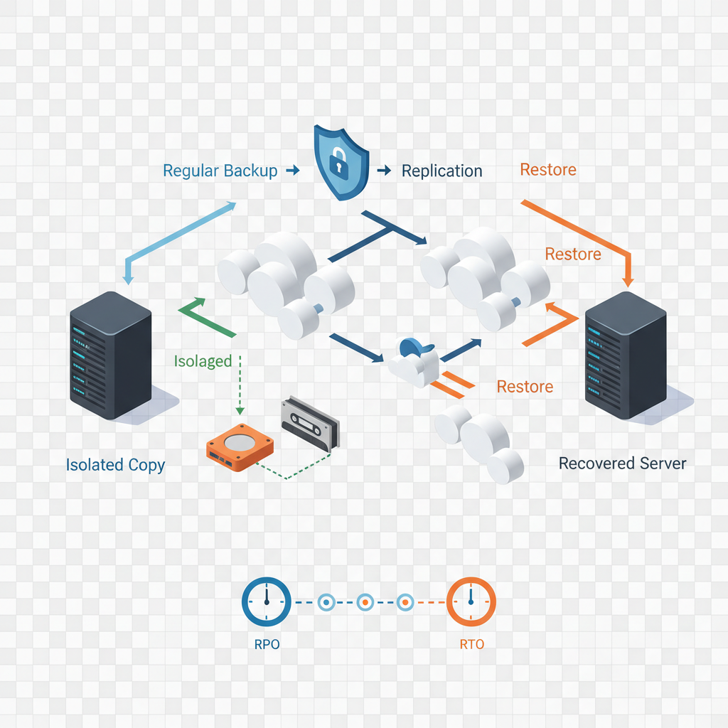 Isometric diagram showing on-prem server, cloud, air-gapped backup and restore arrows illustrating RPO/RTO recovery flow