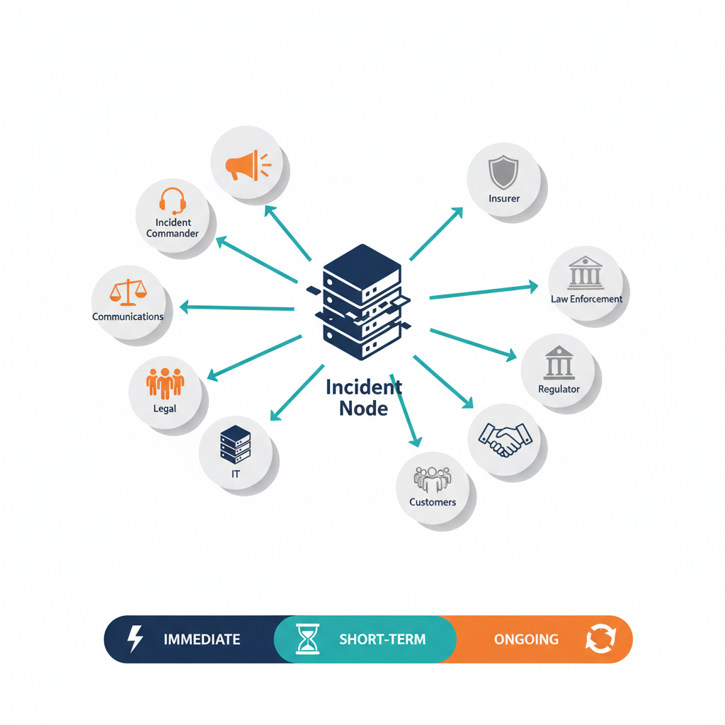 Isometric explanatory diagram showing an incident node linking to internal teams, regulators, counsel, insurers, partners, an