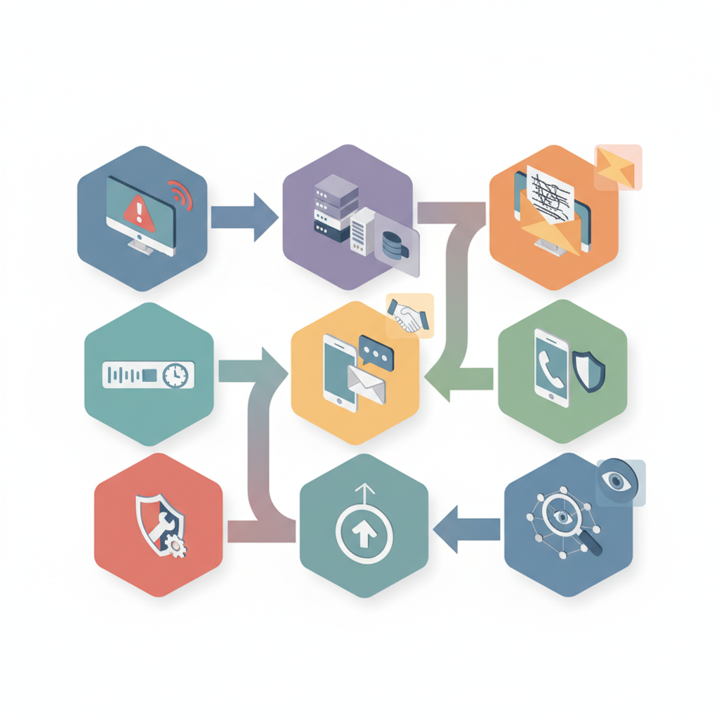 Isometric diagram of a stepwise ransomware evidence-preservation workflow with icons and arrows