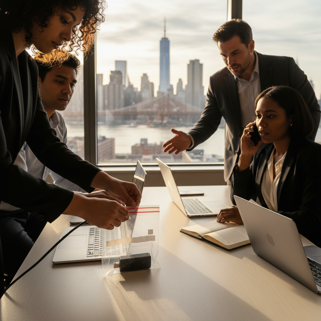 IT responders disconnecting infected laptops and sealing digital evidence in a small office with a city skyline view