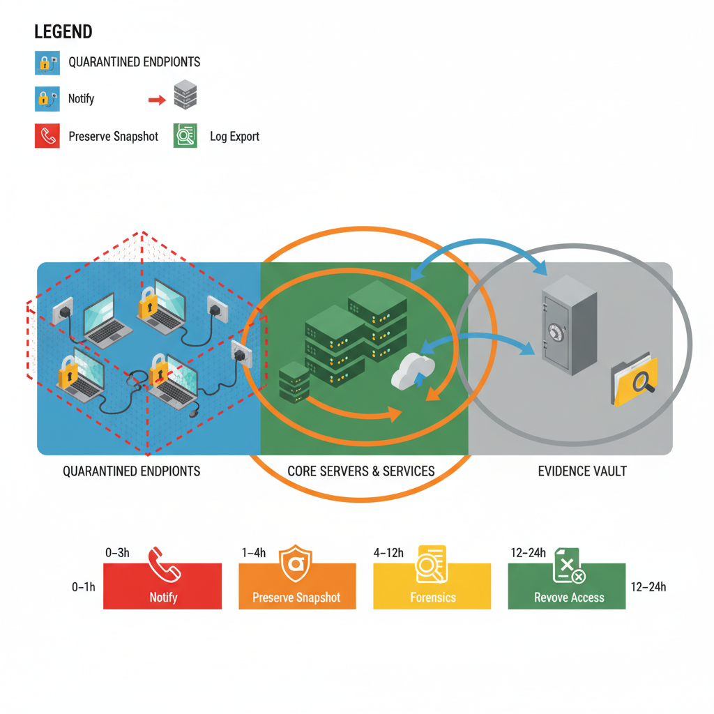 Isometric diagram of a segmented network and 24-hour containment timeline showing isolation, evidence preservation, and log c