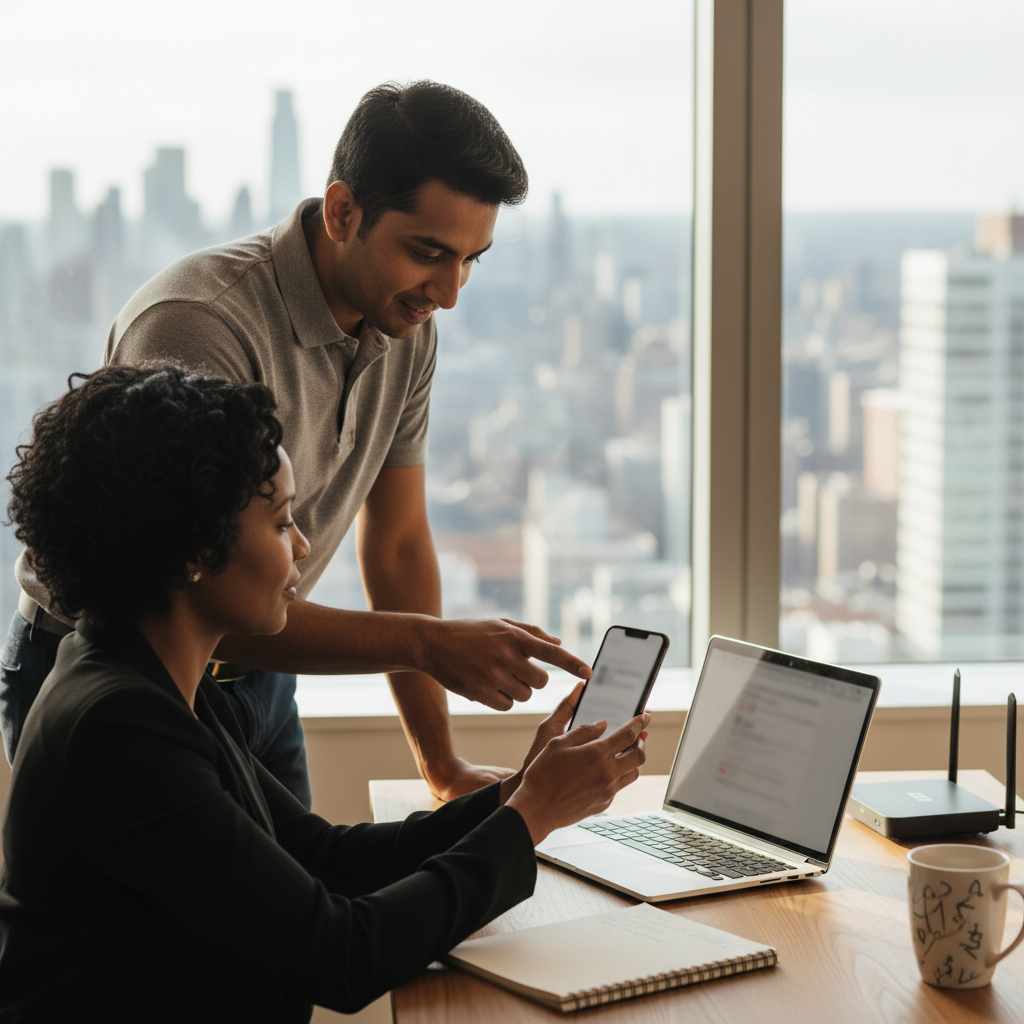IT technician guiding a small business employee through phone-based MFA setup in an urban NJ/NY office