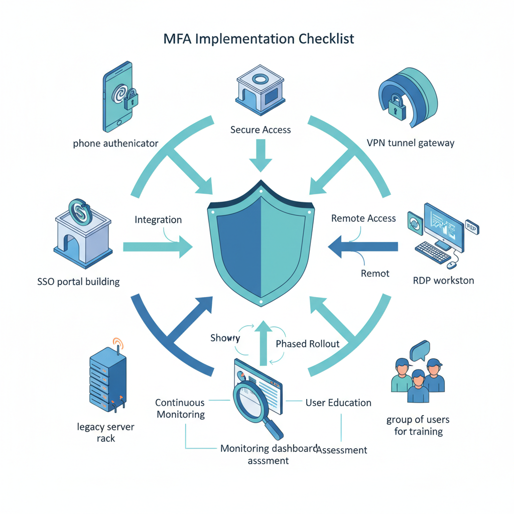 Isometric diagram showing MFA implementation workflow linking shield to devices, training, integration, and monitoring