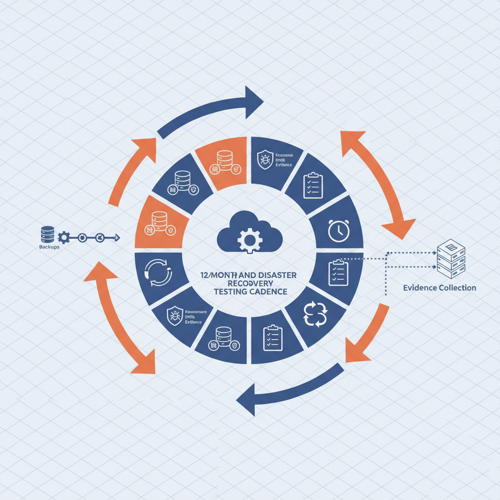 Isometric diagram showing a yearlong backup and DR testing cycle with icons for tests, RTO/RPO, automation, and evidence.