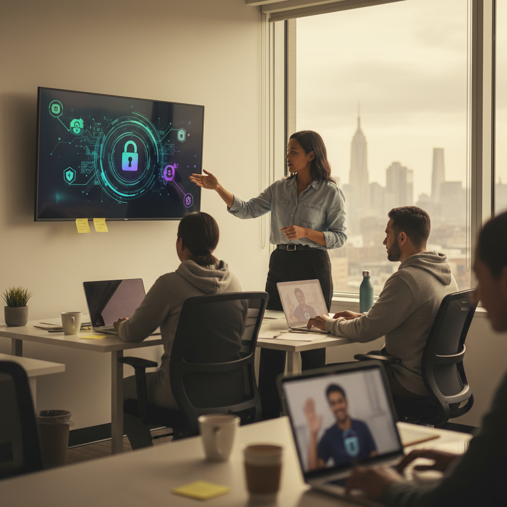 IT administrator pointing at blurred security dashboard while leading a small hybrid team in an office with a NY/NJ skyline