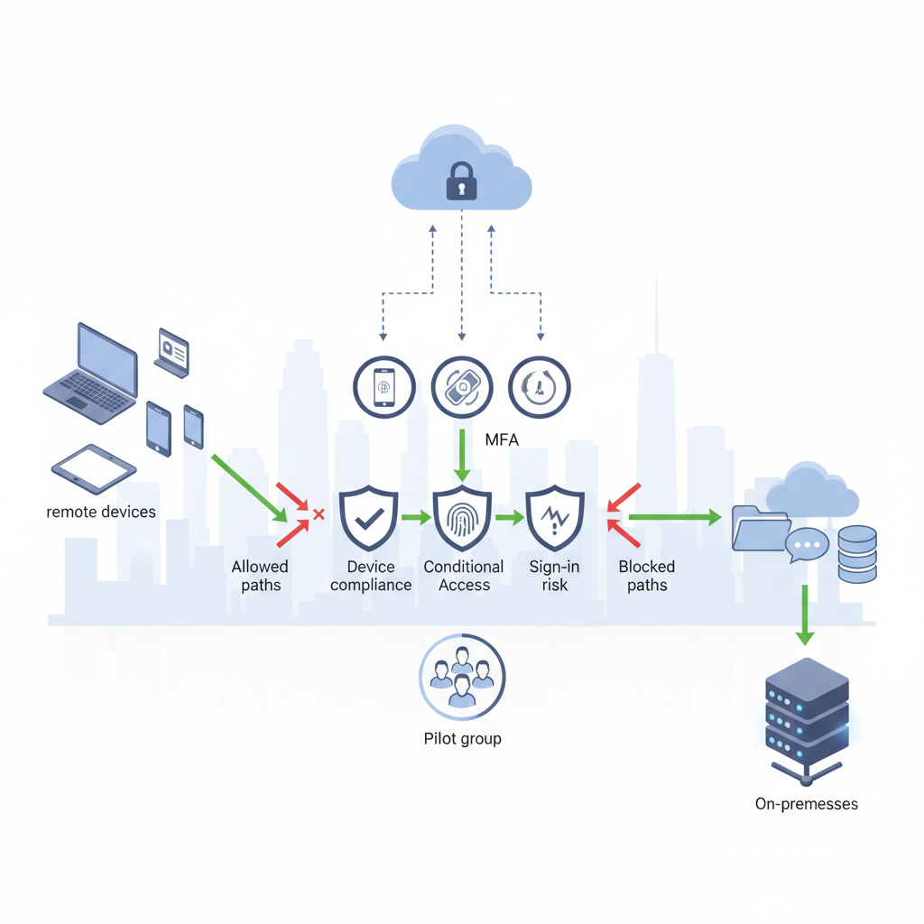 Isometric diagram showing MFA and conditional access flow between cloud, devices, and corporate servers for SMB hybrid
