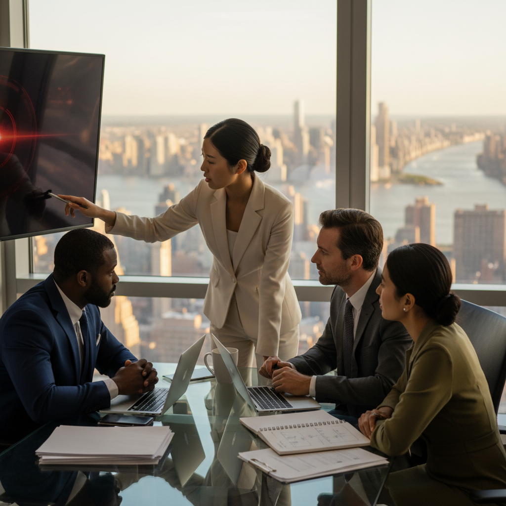Compliance team reviewing a ransomware incident at a conference table with laptops, reports, Manhattan skyline visible