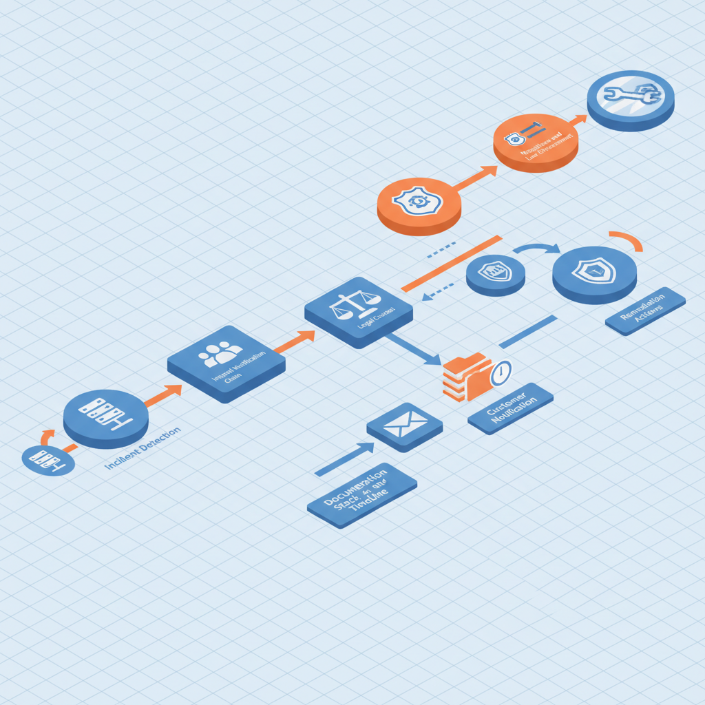 Isometric diagram of post-ransomware notification flow with icons for detection, internal alerts, regulators, insurers