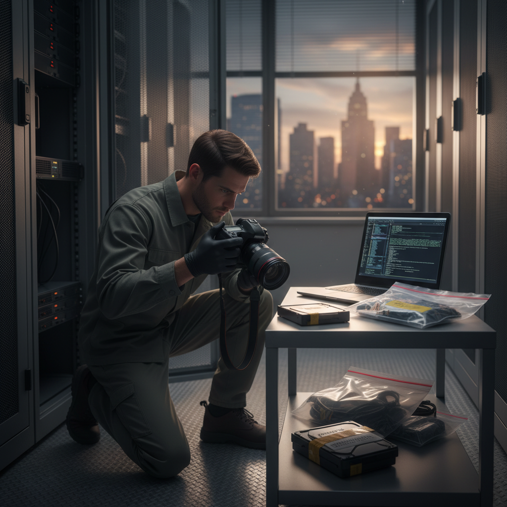 Incident responder photographing sealed drives and evidence bags at a server rack, laptop open, city skyline visible.