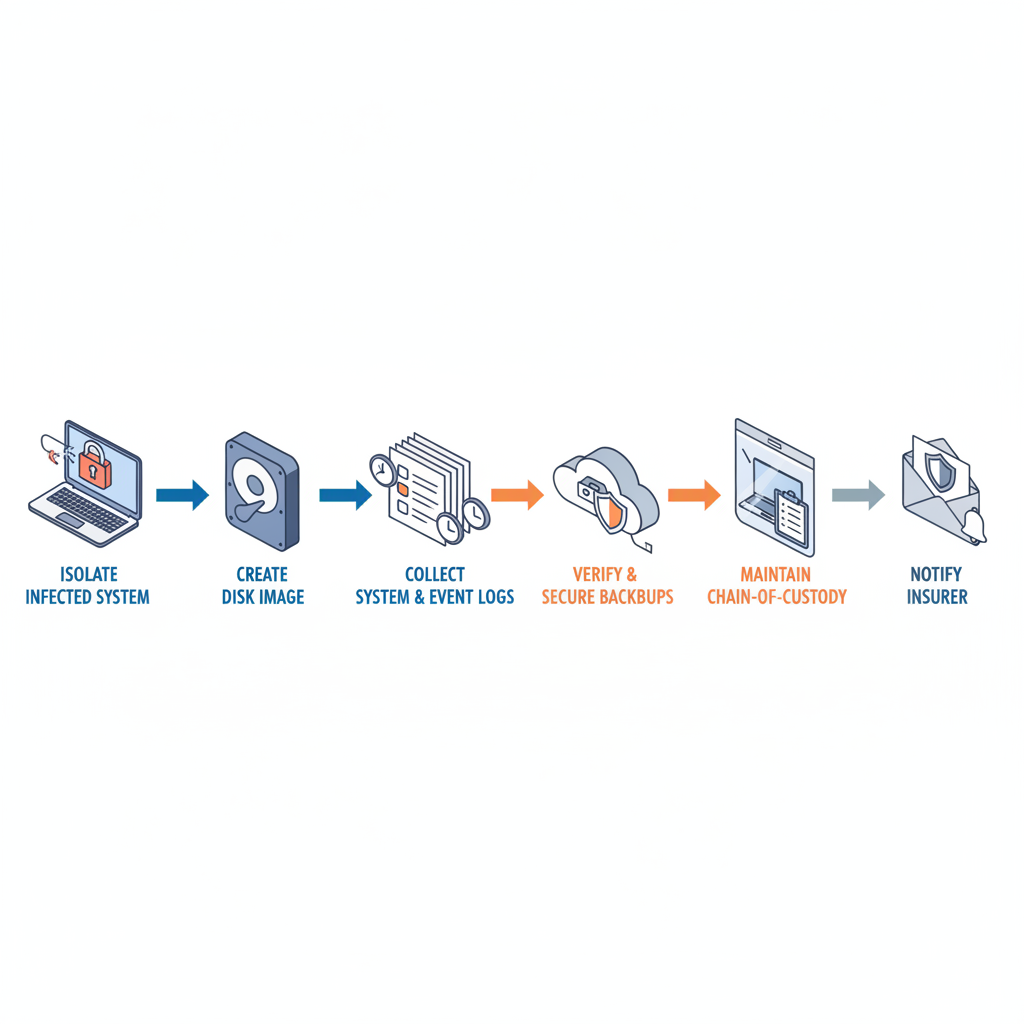 Isometric workflow diagram of ransomware evidence-preservation steps for regulated businesses.