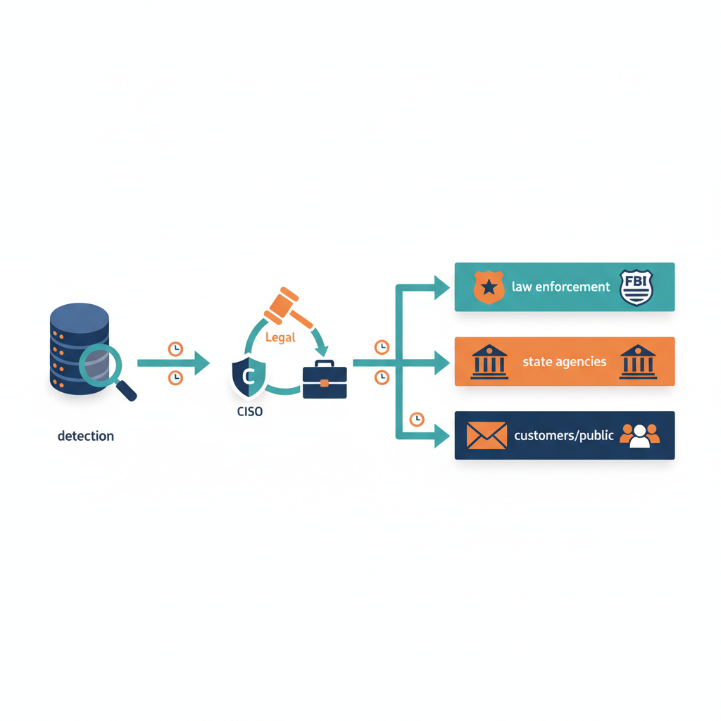 Isometric timeline diagram showing steps from ransomware detection to internal notification, law enforcement and regulator