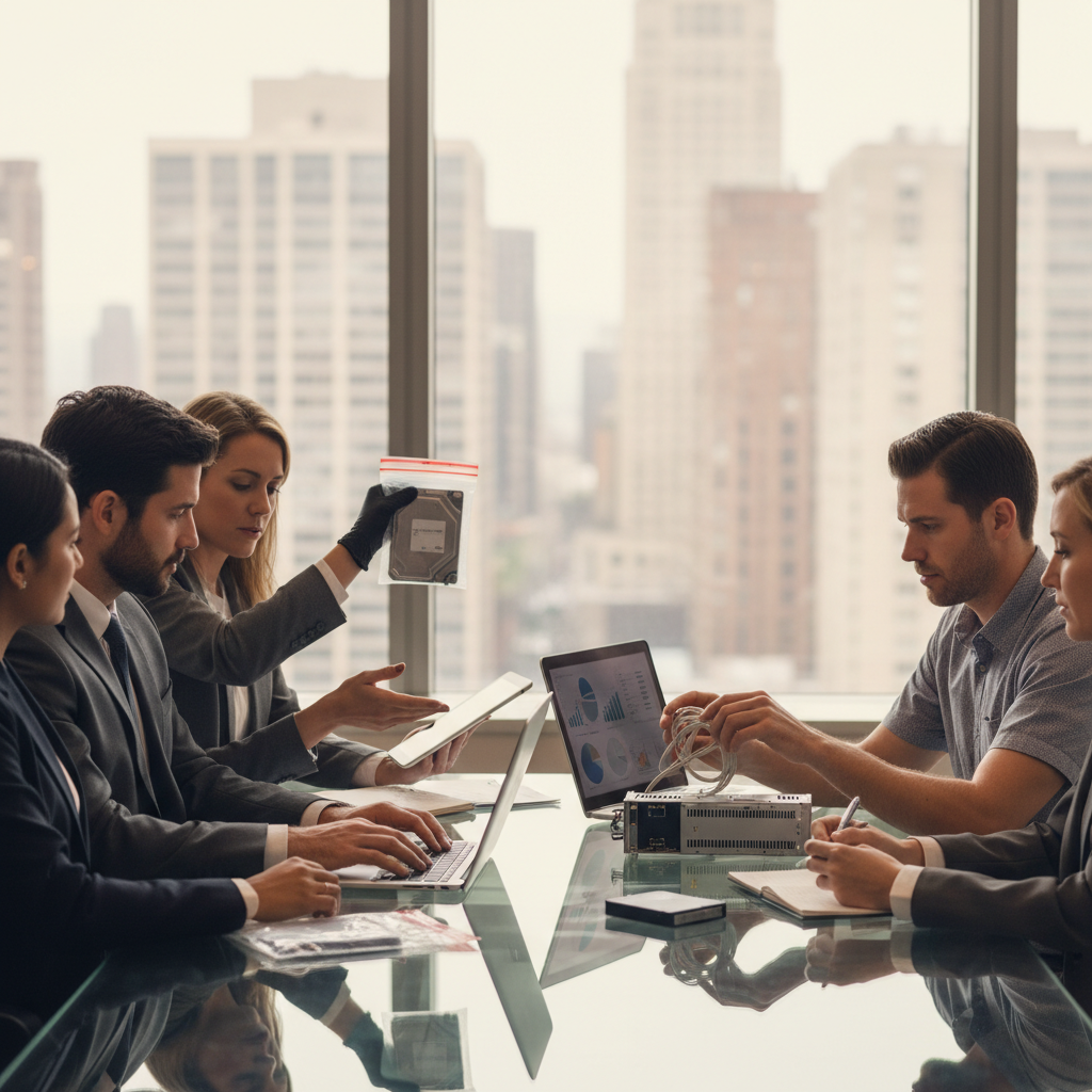 Cross-disciplinary team reviewing sealed hard drive and tablets in a conference room after a ransomware incident