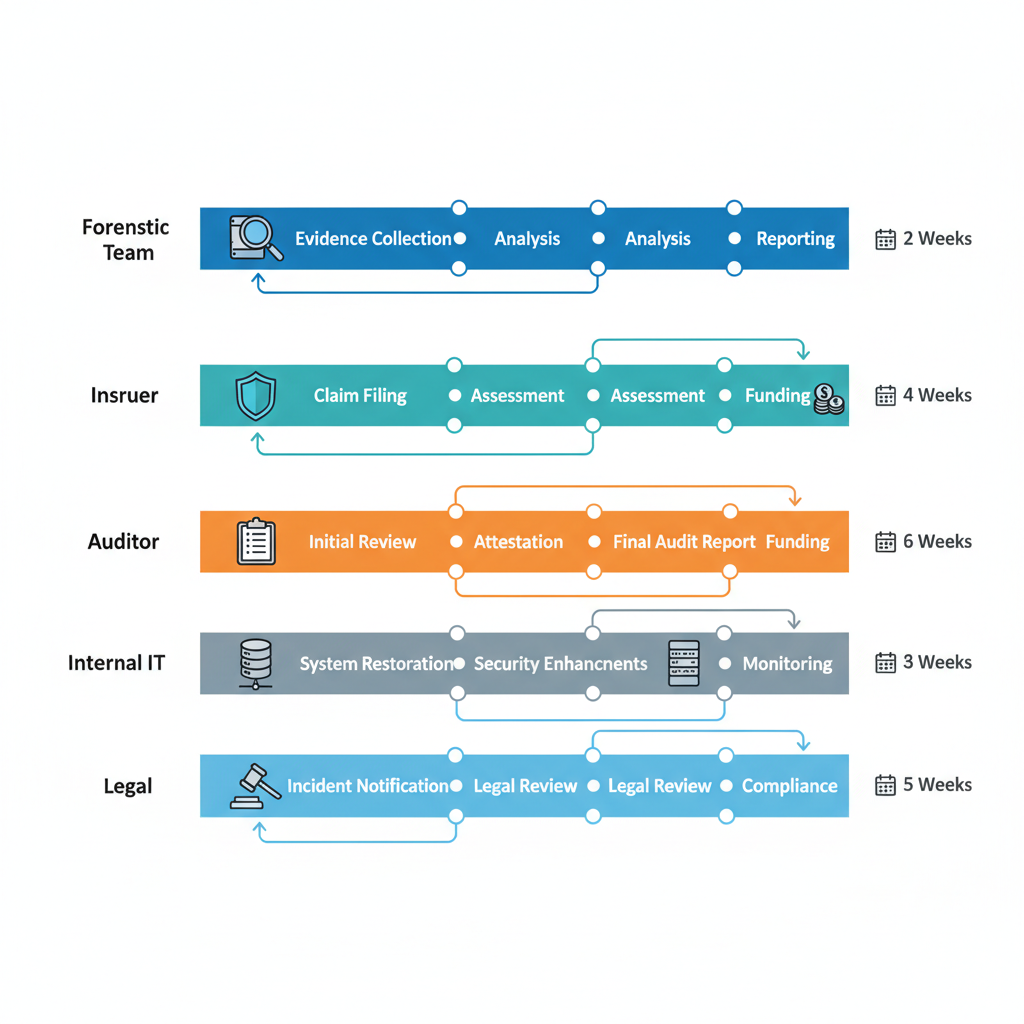 Isometric timeline infographic mapping forensic, insurer, auditor, IT, and legal roles across post-ransomware stages