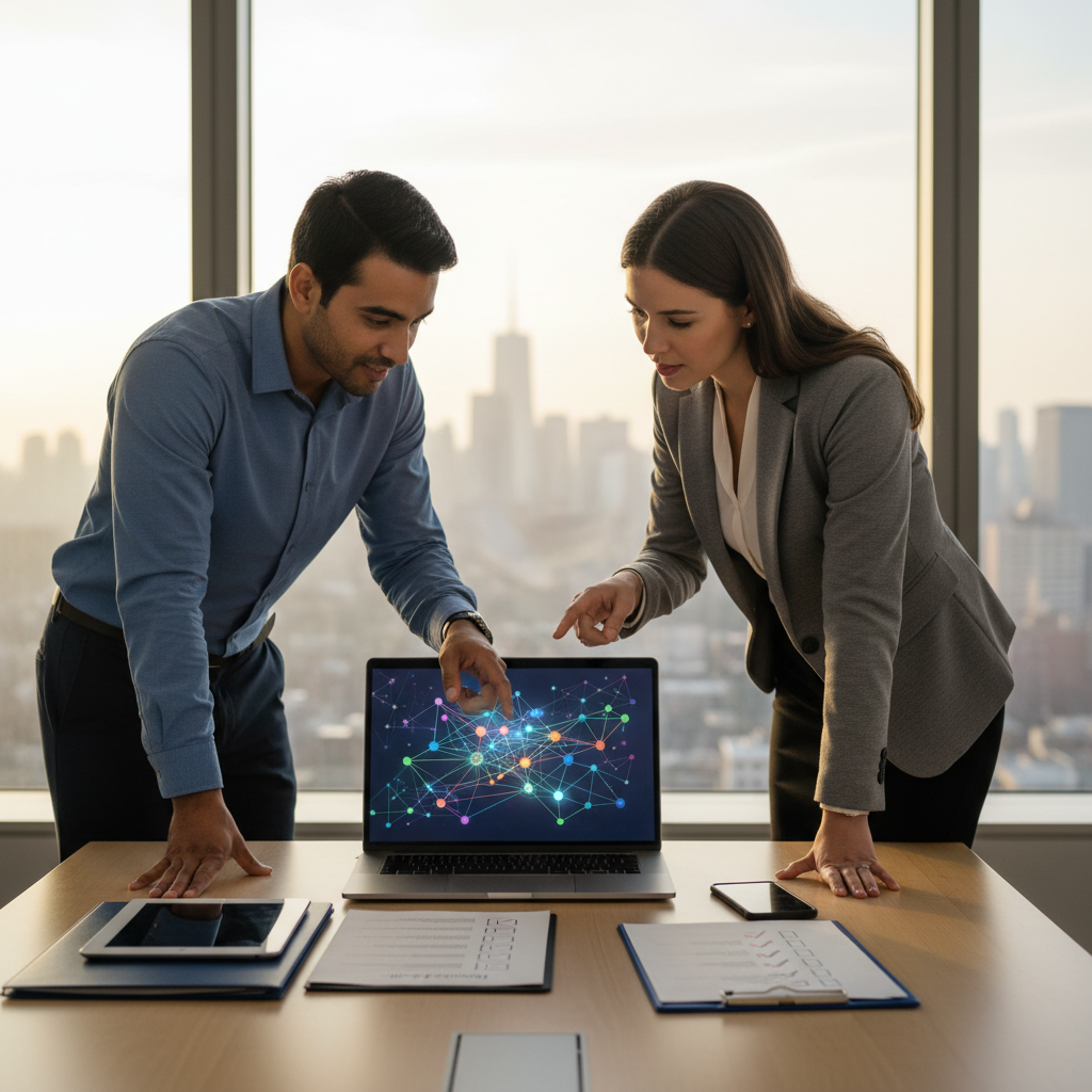 SMB IT manager and MSP engineer reviewing a laptop in an office with Manhattan skyline, planning co-managed onboarding