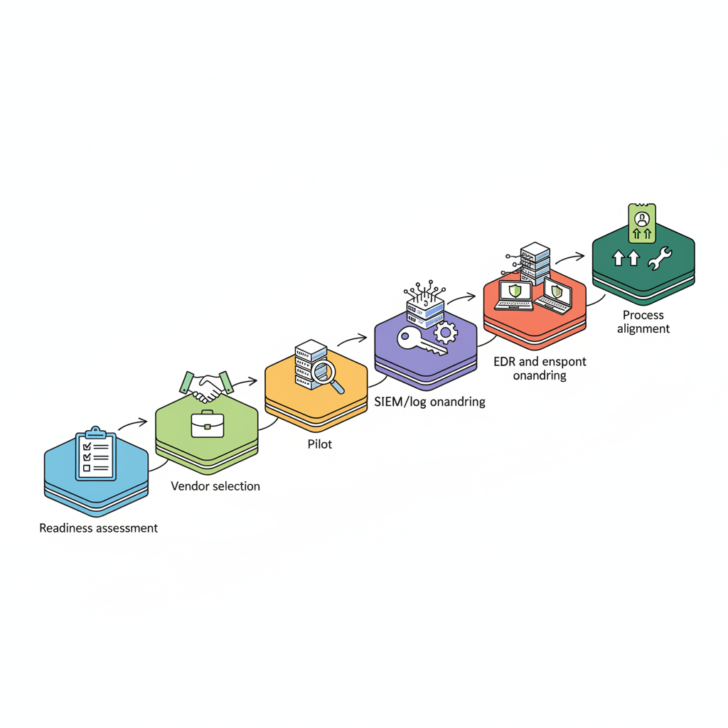 Isometric diagram of a stepwise co-managed IT onboarding flow with icons for readiness, pilot, SIEM, EDR, and ticketing