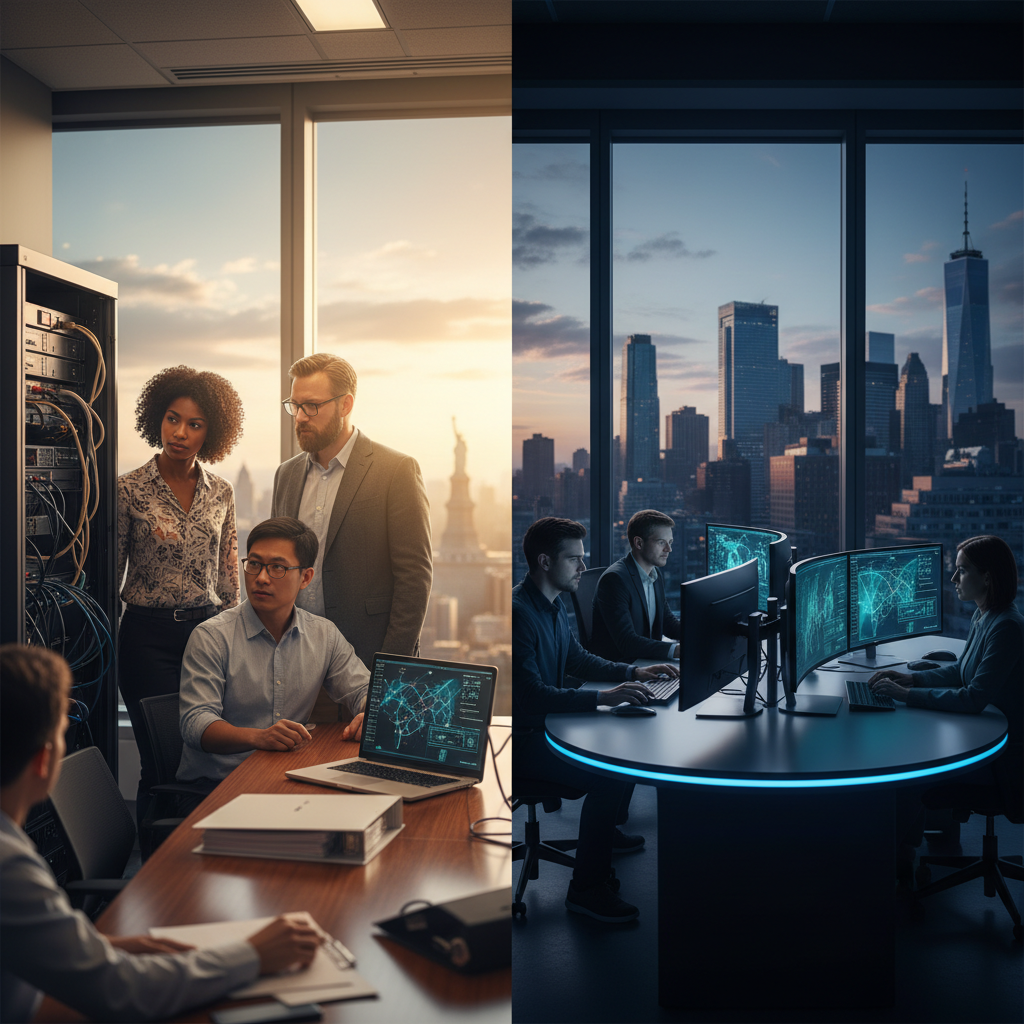 Split photo: in-house IT inspecting servers and co-managed SOC analysts monitoring screens with NYC skyline.