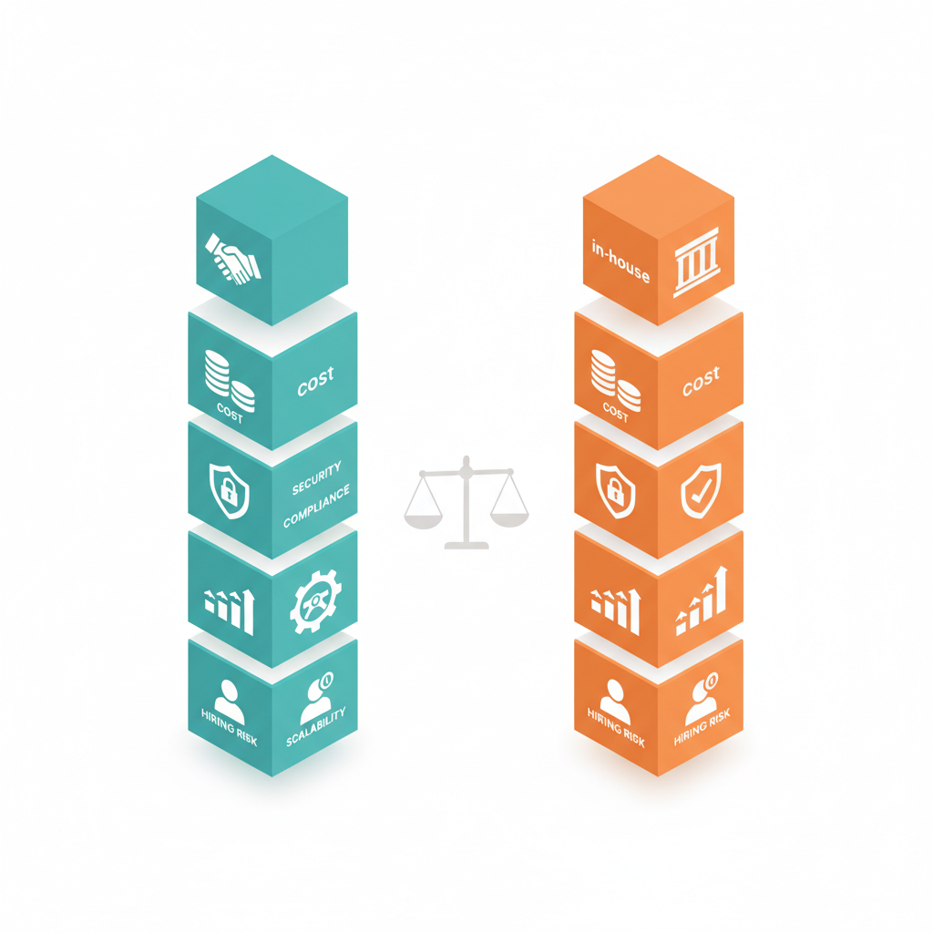 Isometric diagram of icon tiles comparing co‑managed (handshake) vs in‑house (building) across cost, security, compliance.