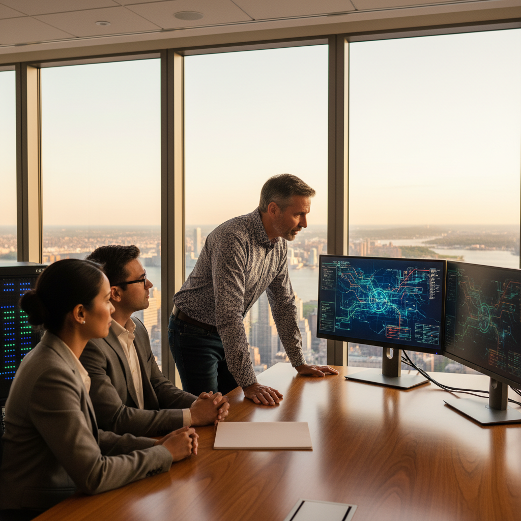 Senior IT engineer and business leaders reviewing network dashboards in a modern NYC office with a server rack behind