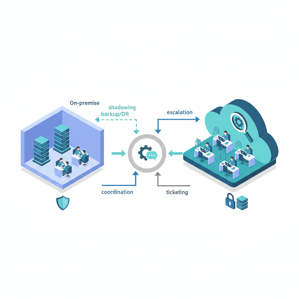 Isometric diagram of hybrid co-managed IT architecture with on-prem office, MSP cloud, shared hub, arrows and security