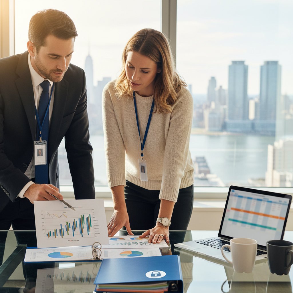 Two professionals reviewing IT budget spreadsheets in an office with NY/NJ skyline and compliance folders