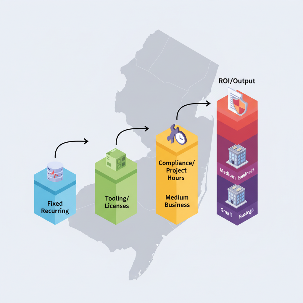 Isometric infographic showing color-coded cost buckets, arrows to ROI column, and three office-size stacks for budget