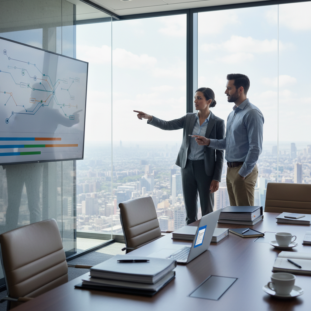 Two IT professionals point at an abstract network diagram on a screen during a co-managed SLA meeting in a corporate