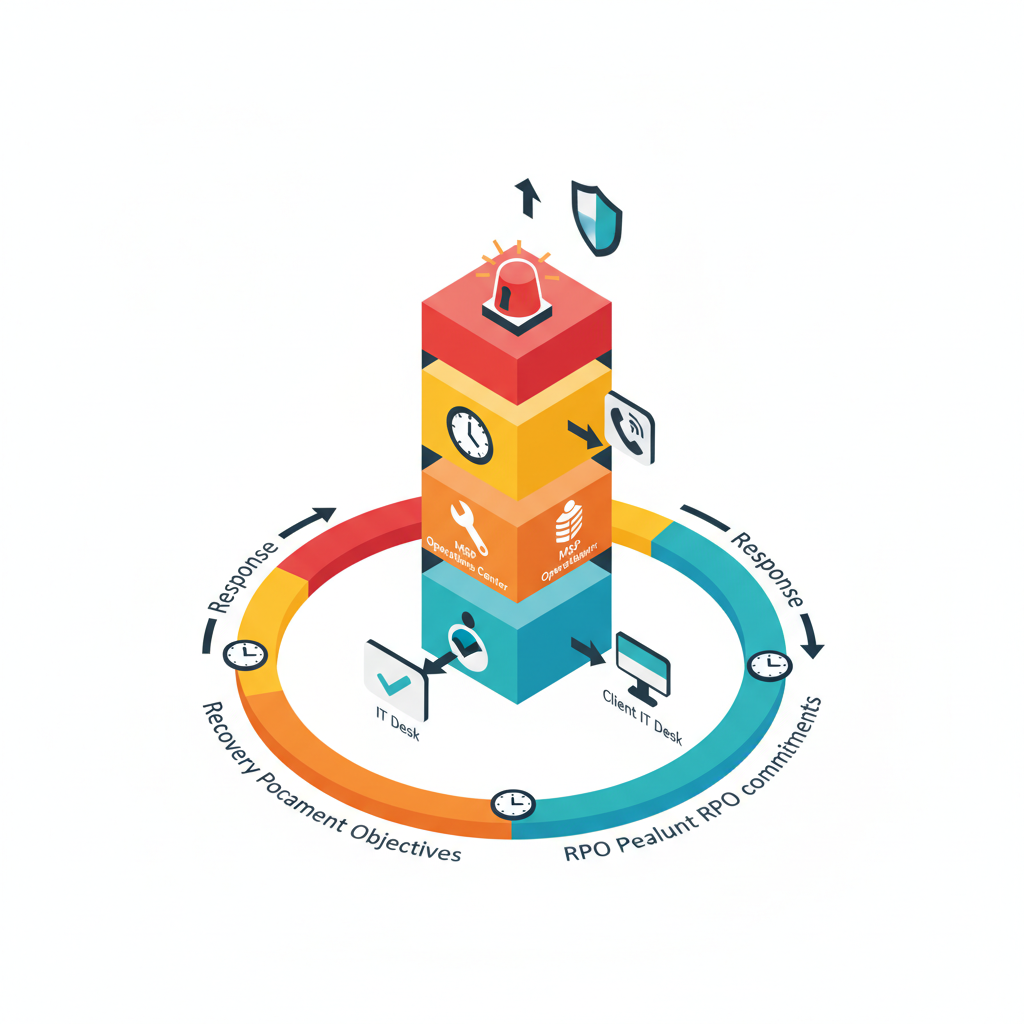 Isometric escalation ladder diagram showing icon handoffs between client IT, MSP operations, on-call phone and regulator