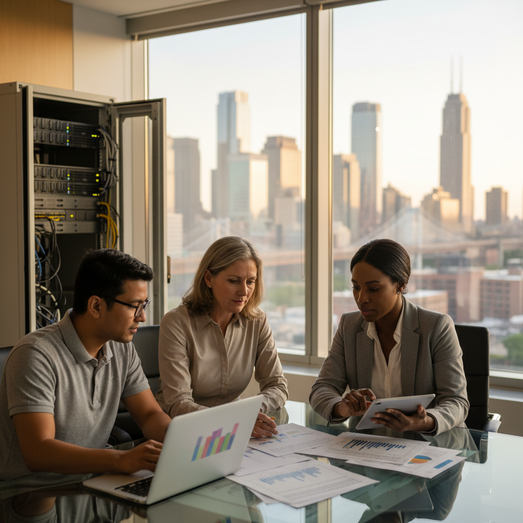 Three IT professionals review a blurred roles-and-responsibilities matrix at a conference table with server rack and city