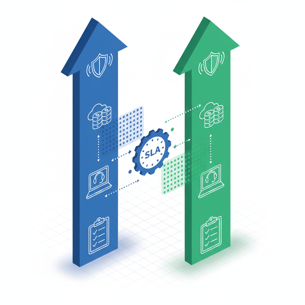 Isometric diagram with two color lanes splitting MSP and client duties using icons for security, backup, support, compliance