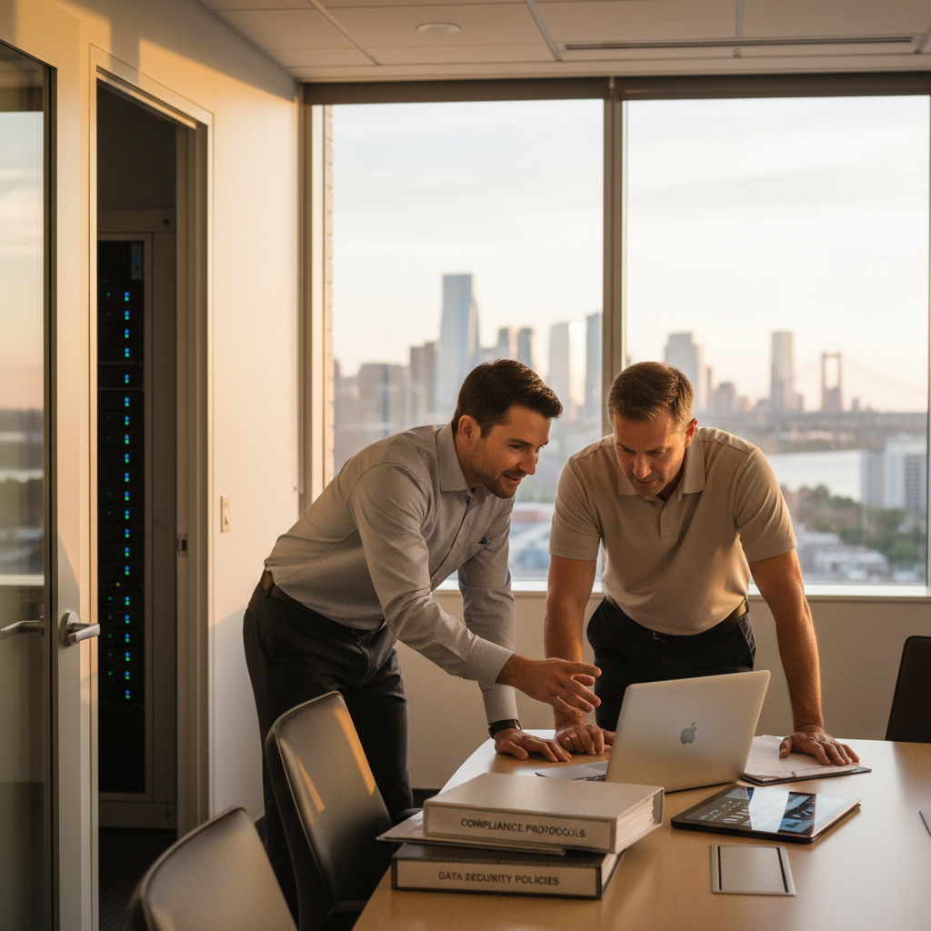 IT manager and MSP consultant reviewing IT strategy over laptop in a modern conference room with NY/NJ skyline.