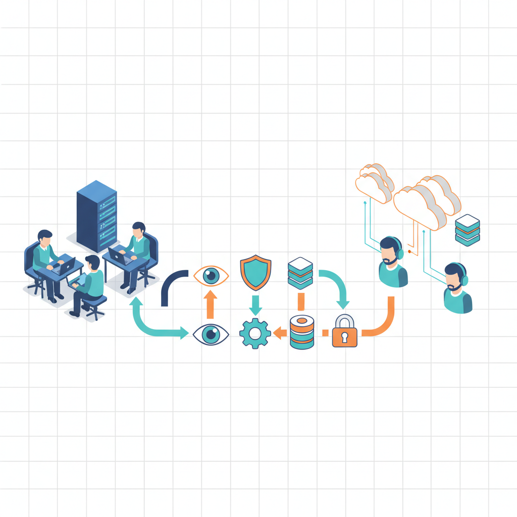 Isometric diagram of in-house IT and MSP sharing monitoring, compliance, patching, backups and security.