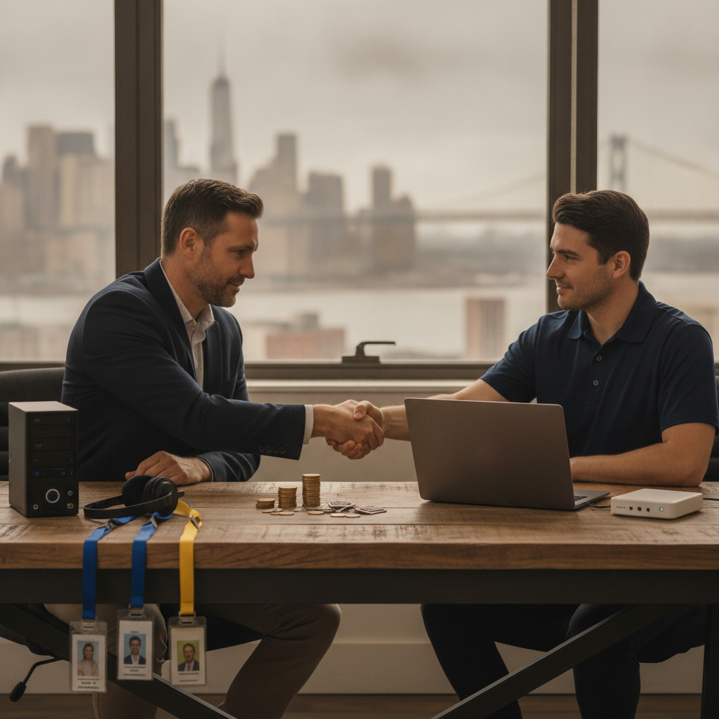IT manager comparing in‑house server gear and visiting MSP at an office desk, city skyline visible behind them